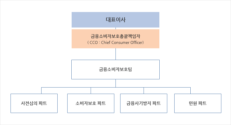 대표이사 > 금융소비자보호총괄책임자(CCO : Chief Consumer Officer) > 금융소비자보호팀 > 사전심의파트, 소비자보호 파트, 금융사기방지 파트, 민원 파트
